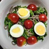 冷やしそば 大葉ミニトマトゆで卵のせて